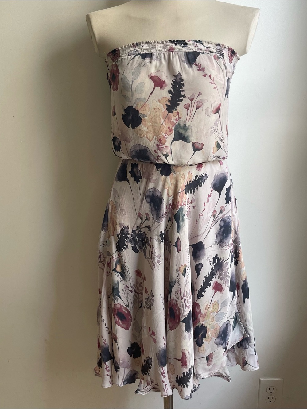 Vintage Haute Hippie Strapless Silk Flutter Dress PInk Floral USA Made Size XS